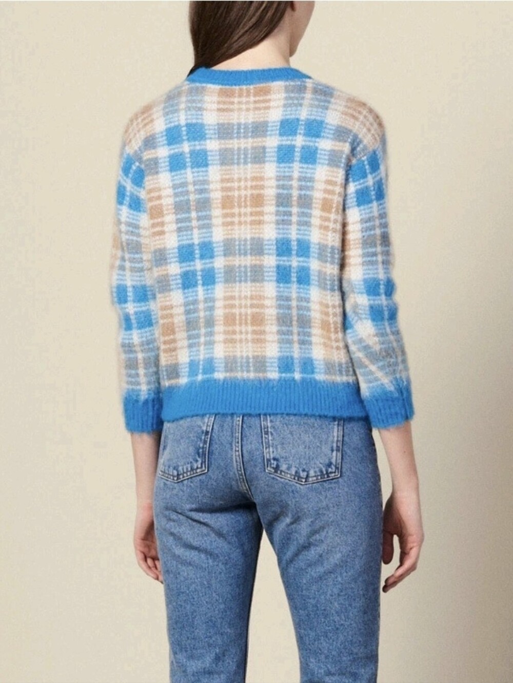 Sandro Womens Poesa Blue Plaid Mohair Blend Crewneck Sweater Size 1 - Picture 2 of 10
